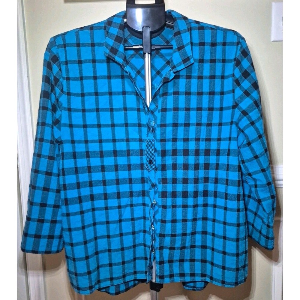 Habitat Women's Plaid Button Front Collared Blouse Blue Black 3/4 Sleeve M
